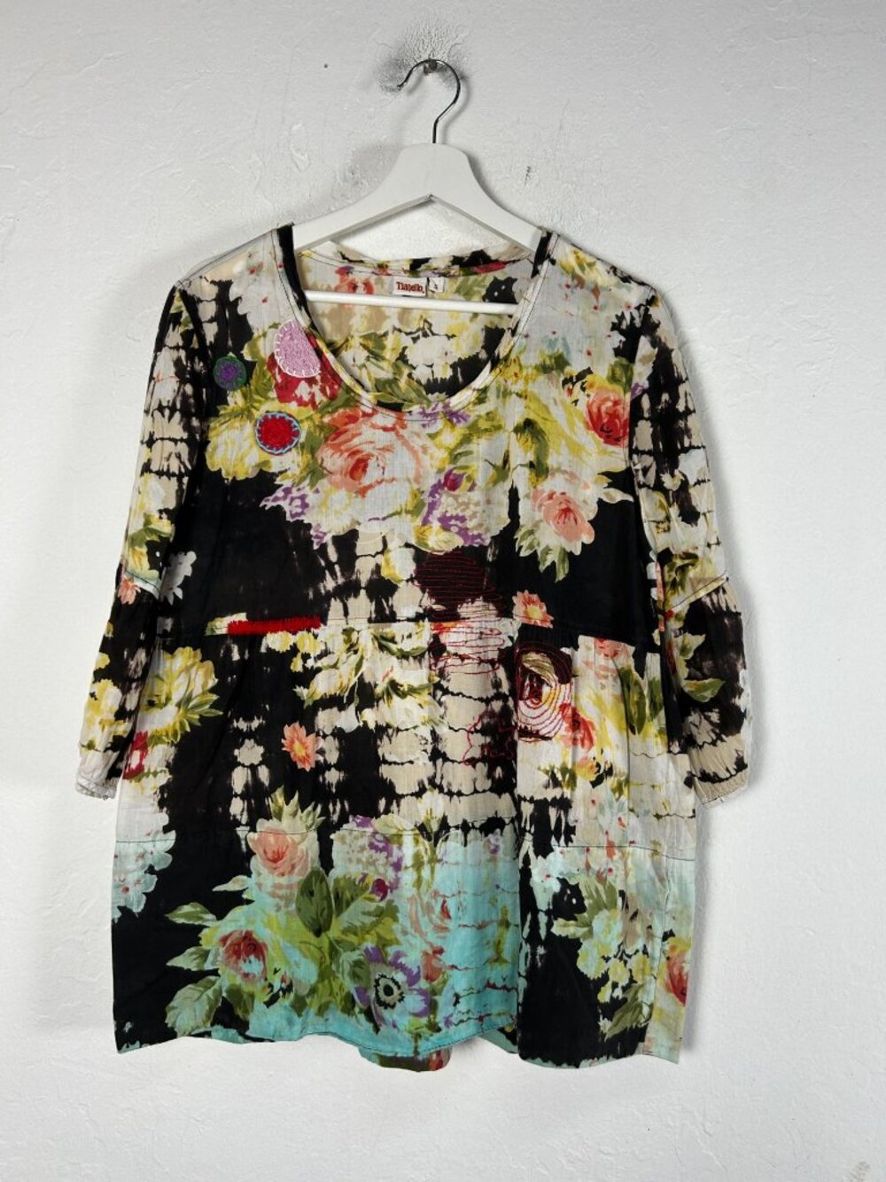 Tianello Womens Black Colorful Floral Embroidered Cotton Tunic Top Small Boho
